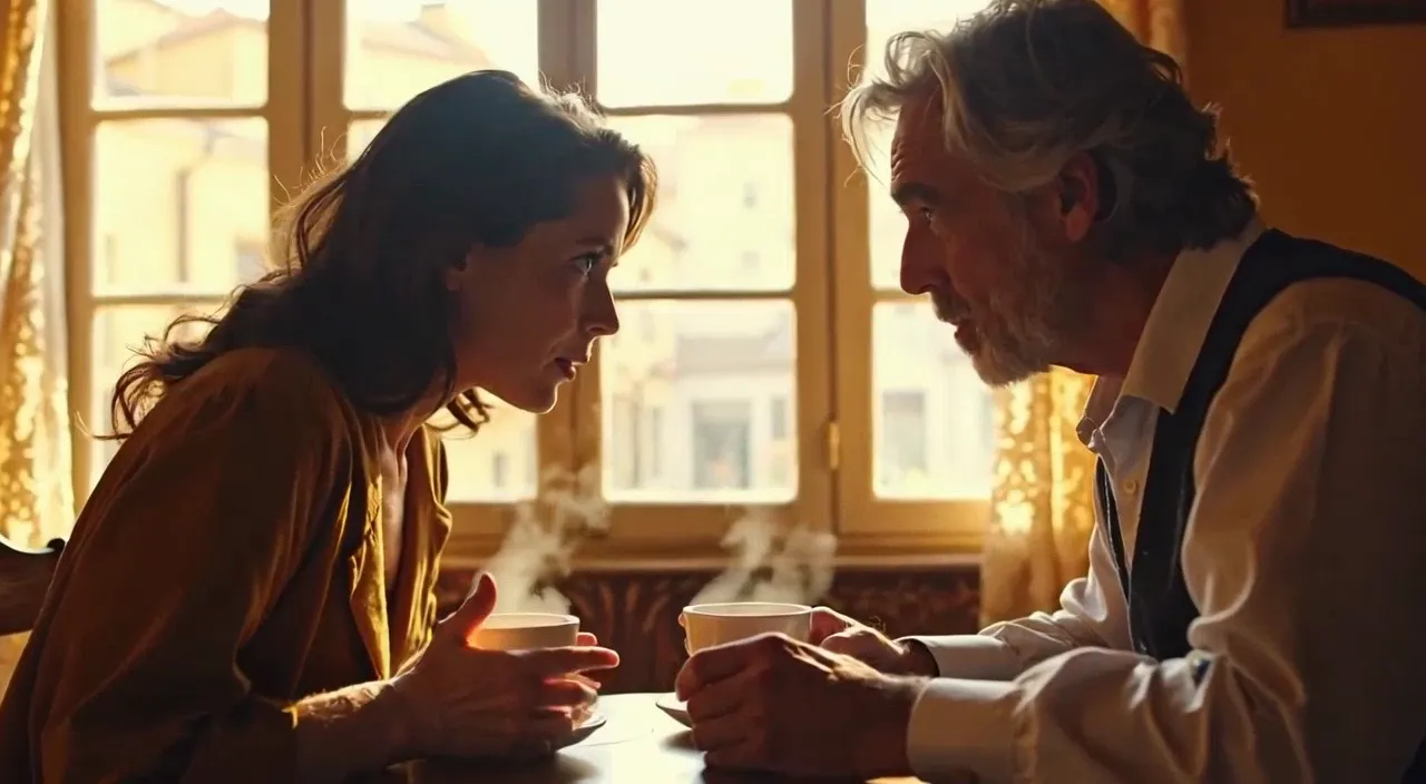 A woman and an older man talking across a café table, steam rising from their cups