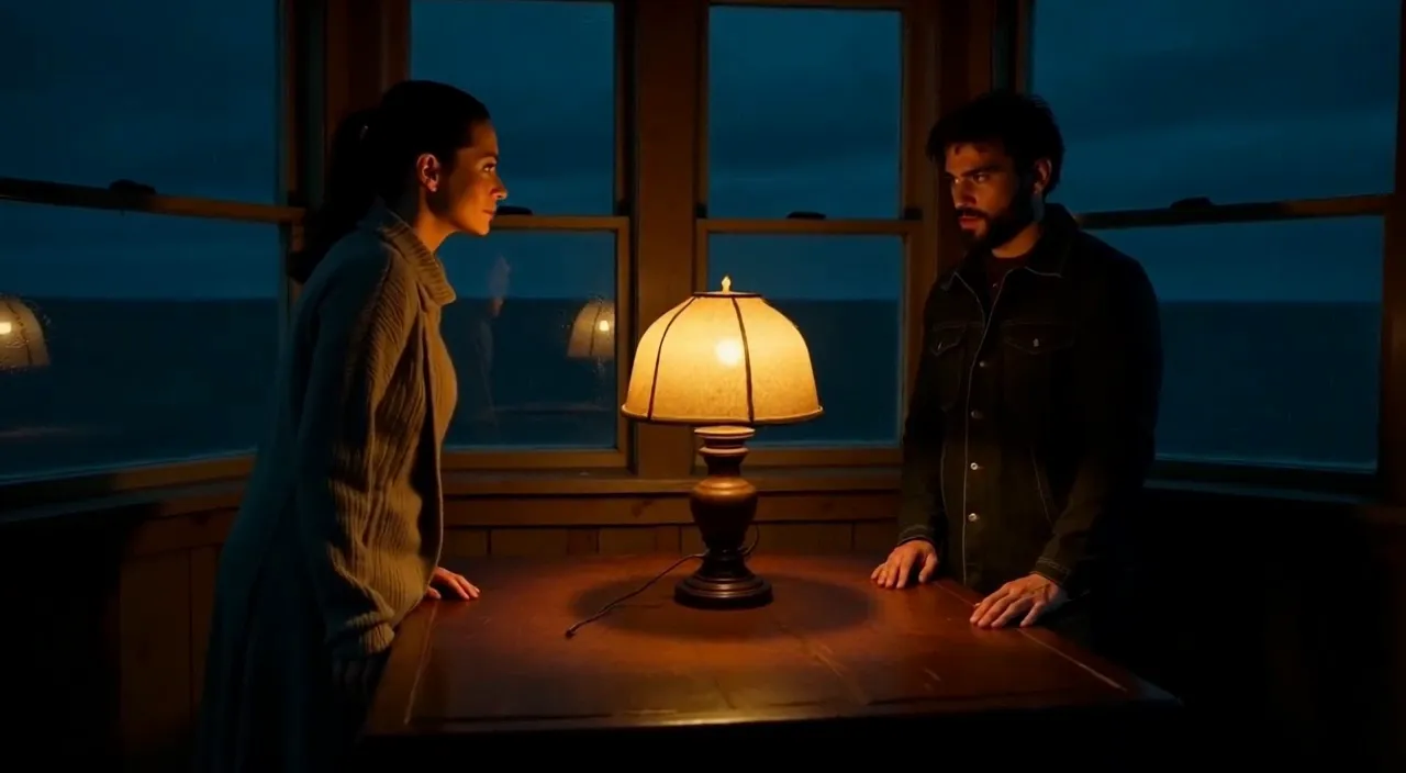 Two characters facing each other across a lamp-lit table in a lighthouse at night