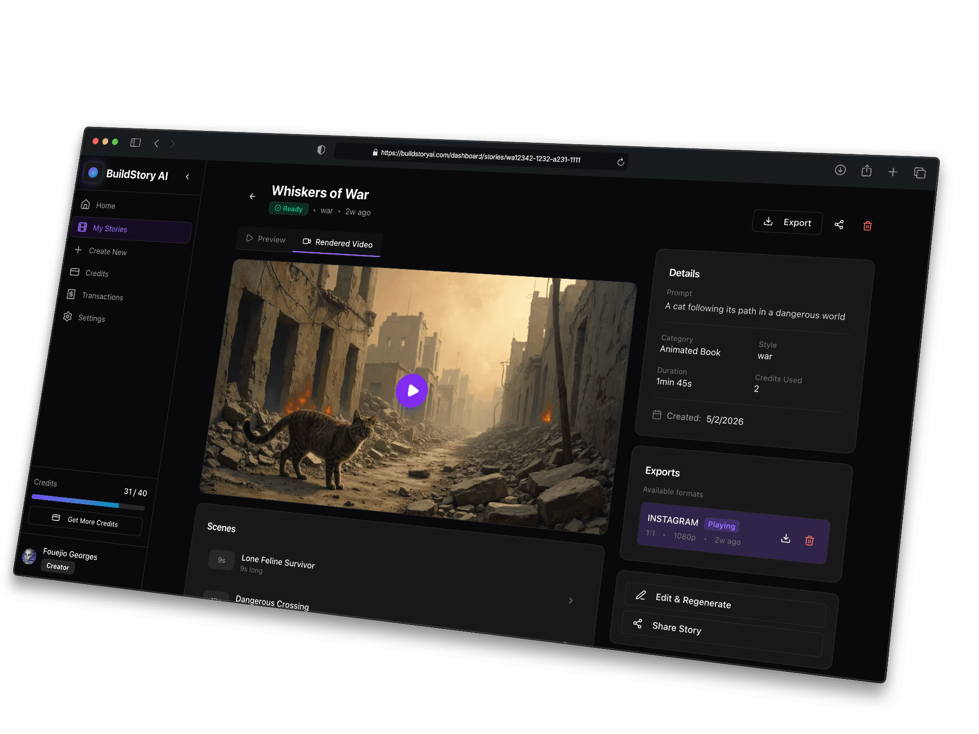 BuildStory AI story detail screen, showing a generated video ready to review and export